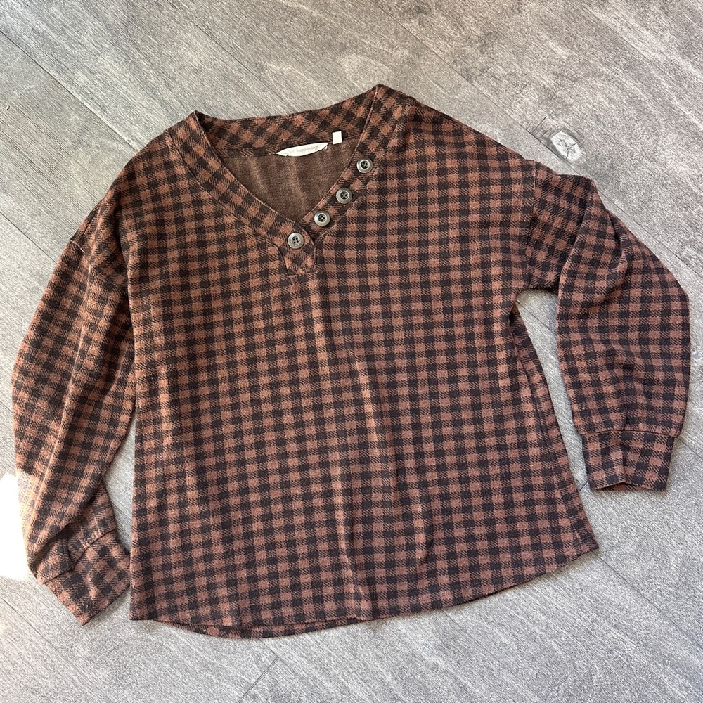 Soft Surroundings Plush Plaid Button-Up Sweater